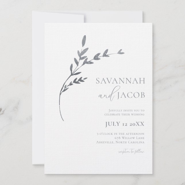 Branch Minimalistische White & Silver Blätter Hoch Einladung (Vorderseite)