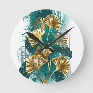 Branch with Golden Leaves Ginko Biloba Runde Wanduhr