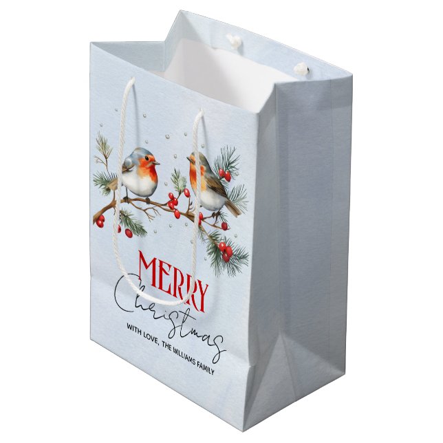Branch with robin birds and berries Christmas Mittlere Geschenktüte (Vorderseite Schrägansicht)