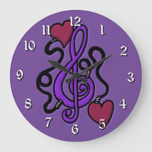 Branché À La Musique À Note Violette Horloge Mur