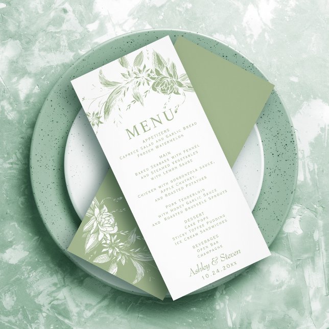 Branche avec fleurs vert sauge carte menu mariage (Créateur téléchargé)