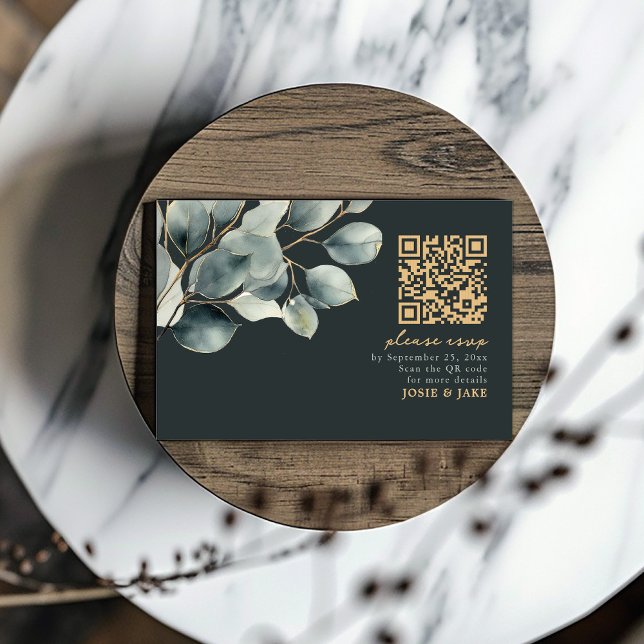 Branche Eucalyptus, mariage vert QR Code rsvp (Eucalyptus branch, green wedding rsvp card with gold QR Code and text)
