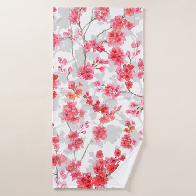 Branches de fleurs de cerisiers sur le fond blanc  (Serviette de bain)