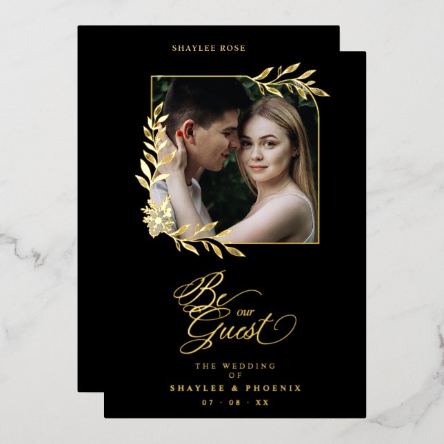 Branches Frame Luxury Golden Chic Photo Wedding Folieneinladung (Vorderseite/Rückseite)