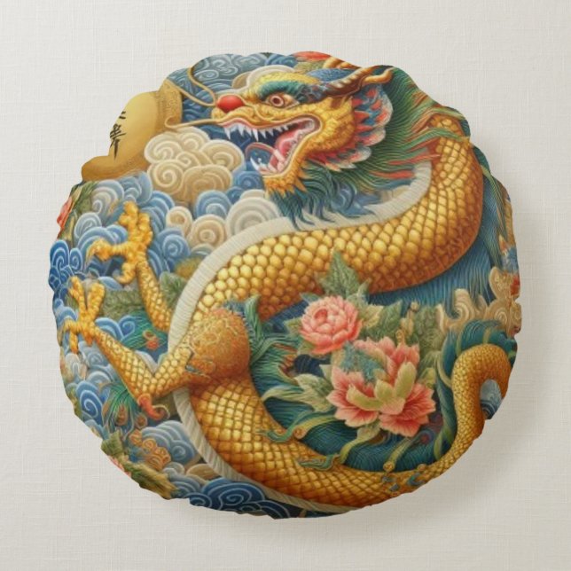 Brand Chinoiserie Dragon Gold Rundes Kissen (Vorderseite)