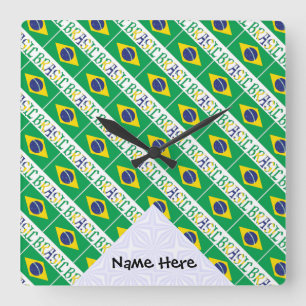 Brasil and Brazilian Flag Tiled with Your Name Quadratische Wanduhr