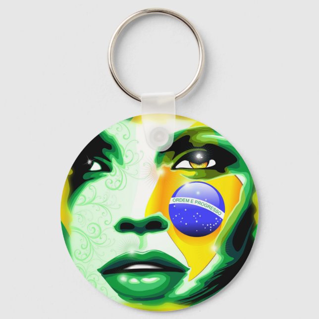 Brasil Flag Girl Portrait Schlüsselanhänger (Vorderseite)