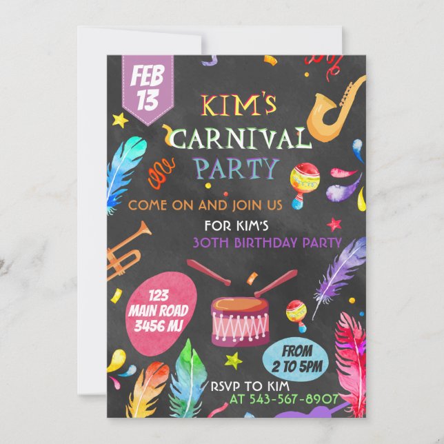 Brasilian Carnival Thema Einladung Design (Vorderseite)