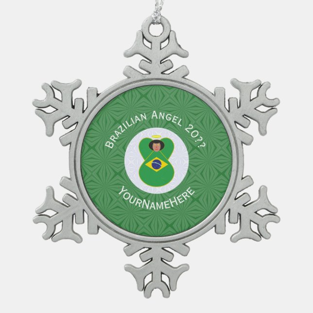 Brasilianische Fahne für den Weihnachtsangel Perso Schneeflocken Zinn-Ornament (Vorderseite)