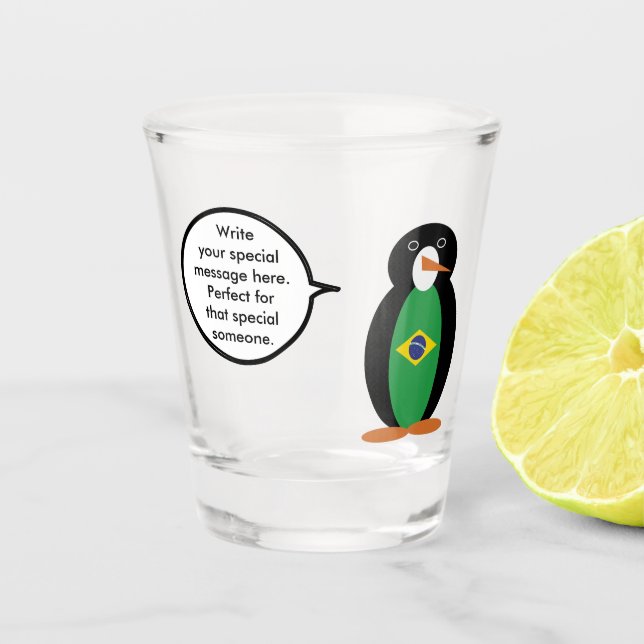 Brasilianische Flagge als Vortragende Frau Pinguin Schnapsglas (Vorderseite)