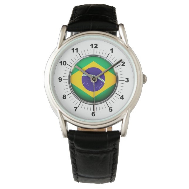 Brasilianische Flagge Crown Black Leather Strap Wa Armbanduhr (Vorderseite)