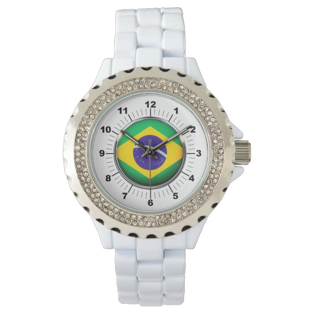 Brasilianische Flagge für Frauen Kristall White En Armbanduhr (Vorderseite)
