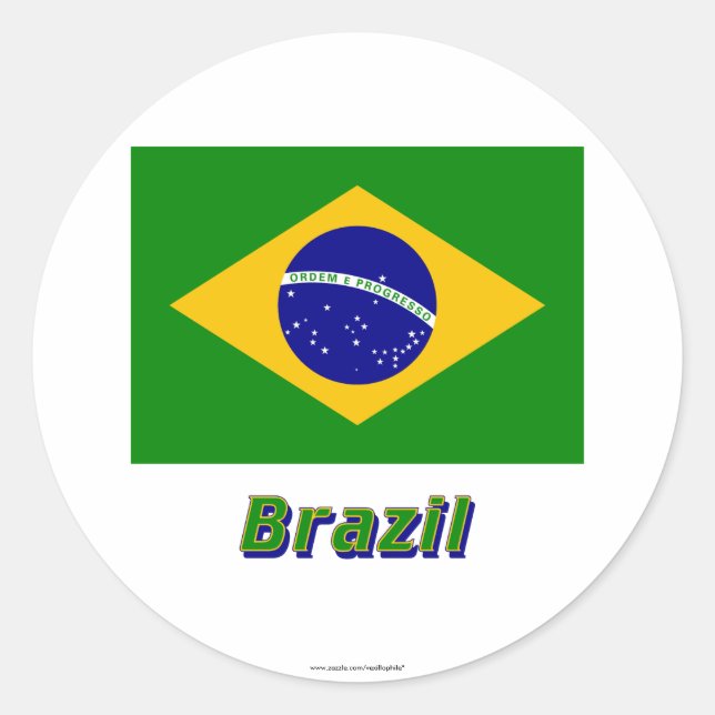 Brasilianische Flagge mit Namen Runder Aufkleber (Vorderseite)