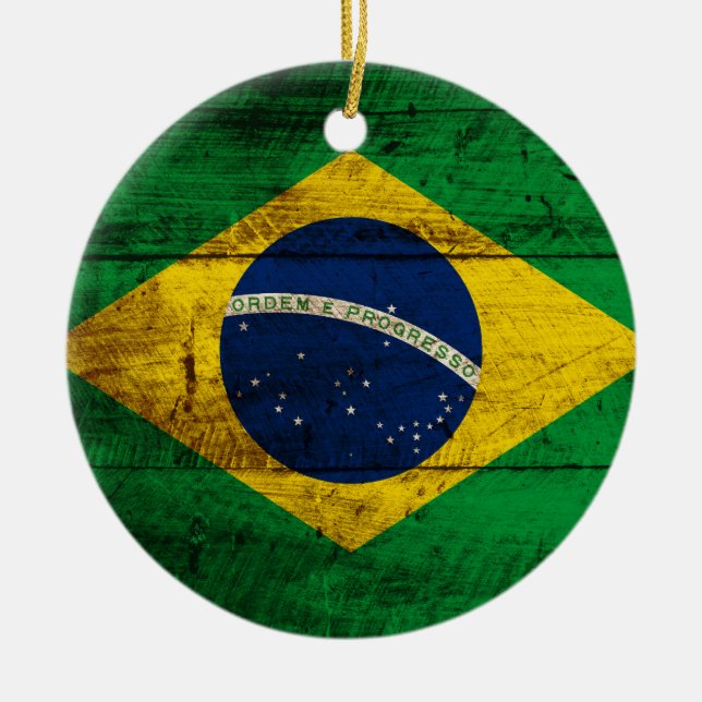 Brasilien-Flagge auf altem hölzernem Korn Keramik Ornament (Vorne)