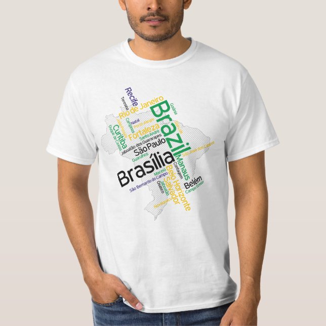 Brasilien Karte Silhouette Stadt Namen Word Cloud T-Shirt (Vorderseite)