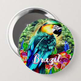 Brasilien mit farbenprächtigem Papagei-T - Shirt Button