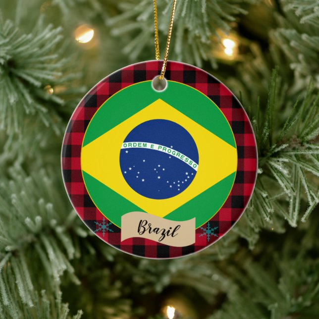 Brasilien, Roter Büffel kariert und brasilianische Keramik Ornament (Baum)