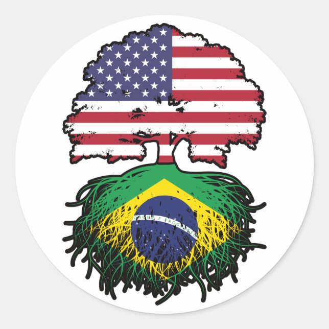 Brasiliens Flag "American USA Tree Roots" Runder Aufkleber (Vorderseite)