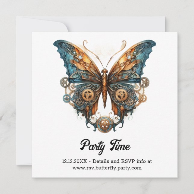 Brassflutter Tinkerer Butterfly Steampunk Wedding Ankündigung (Vorderseite)