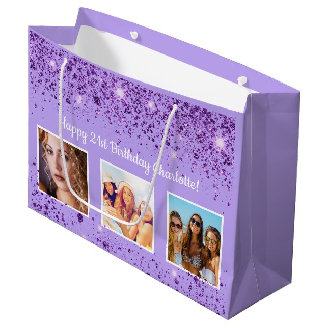 Bratviolett lila Glitzer Große Geschenktüte (Vorderseite Schrägansicht)