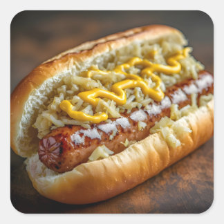Bratwurst mit Senf und Sauerkraut Quadratischer Aufkleber