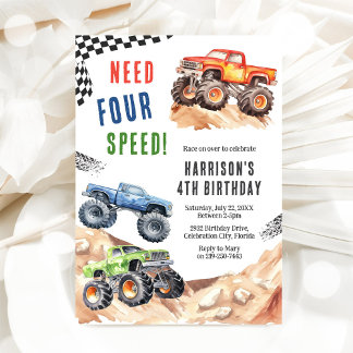 Brauche Four Speed Monster Truck Junge 4. Geburtst Einladung
