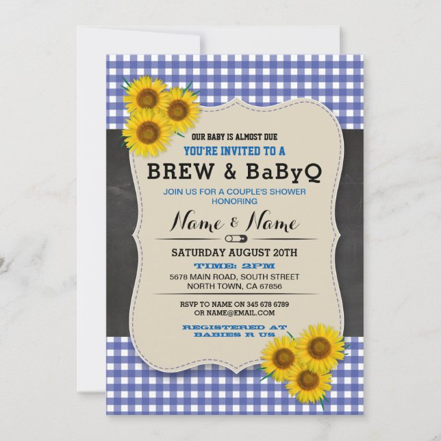 Brauen und BABYQ Baby Dusche Blauer Sonnenblume Ei Einladung (Vorderseite)