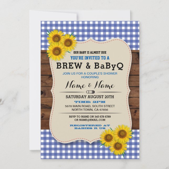 Brauen und BABYQ Baby Dusche Blauer Sonnenblume Ei Einladung (Vorderseite)