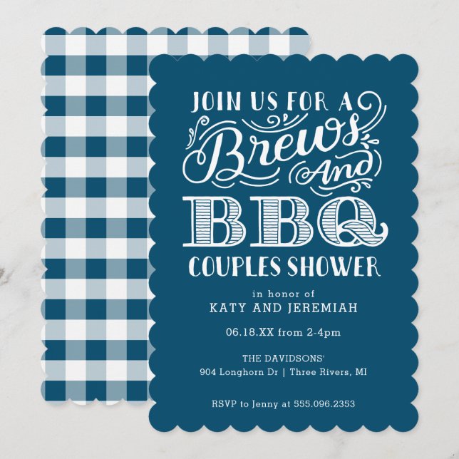Brauen und GRILLEN Paare Dusche in Blau Einladung (Vorne/Hinten)