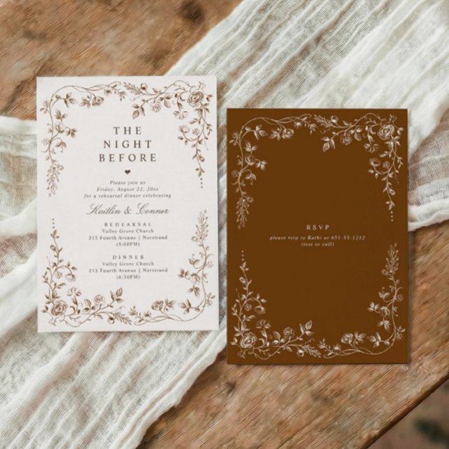 Braun-antike französische Blumenprobe-Dinner Einladung (Vintage French rehearsal dinner invitation the night before with chinoiserie floral frame)