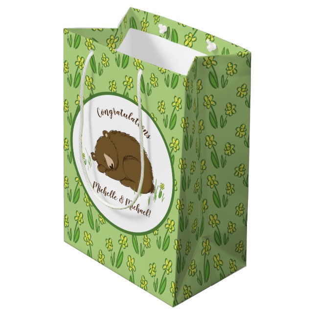 Braun Bear Baby Dusche Woodland Tiere Mittlere Geschenktüte (Rückseite Schrägansicht)
