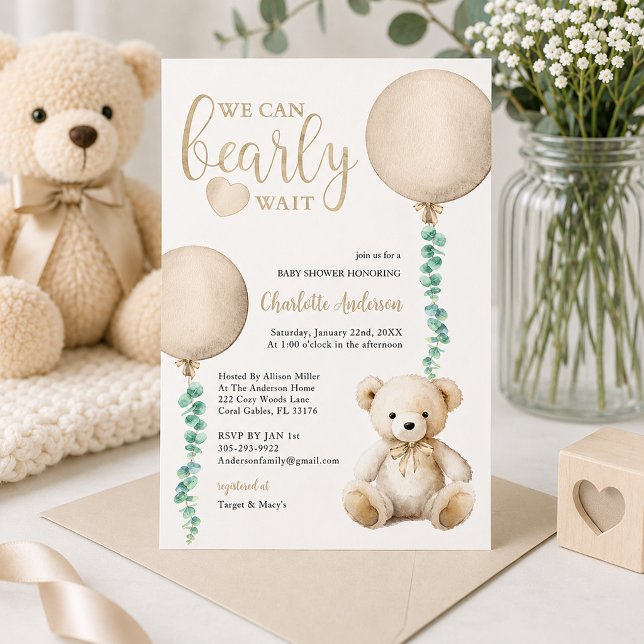 Braun Bearly Wait Baby Dusche Einladung (Baby shower invitation with soft elegance)