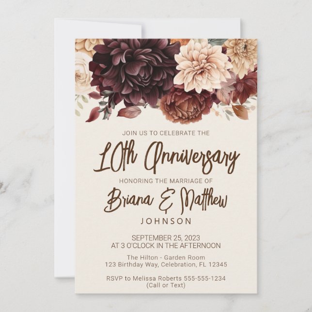 Braun Beige Elfenbeinblume 10. Hochzeitstag Einladung (Vorderseite)