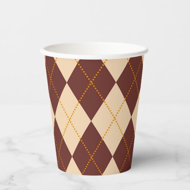 Braun Beige Herbst Raute Diamant Muster Pappbecher (Vorderseite)