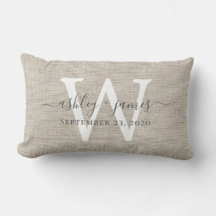 Braun Beige Leinen Weiße Monogramm Hochzeitsandene Lendenkissen