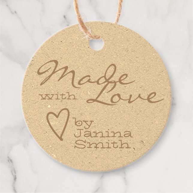 Braun Beige Made Liebe Herz Symbol Papier Geschenkanhänger (Vorderseite)