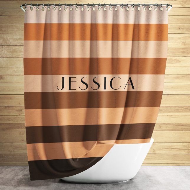 Braun Beige Streifenmuster Personalisierter Name Duschvorhang (Modern Brown Stripes Pattern Shower Curtain)