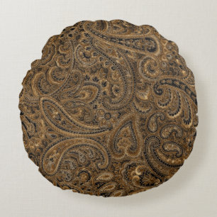 Braun-, Beige- und Schwarz-Floral-Paisley-Muster Rundes Kissen