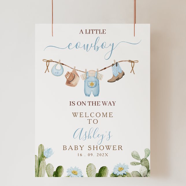 Braun blaue Cothes Cowboy Babydusche Begrüßungszei Fotodruck (Cowboy Baby Shower Welcomes Sign, Little Cowboy Bab Shower Welcome Sign with Cactus, Clothesline)