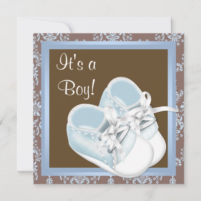 Braun Blue Damask Shoes Baby Boy Dusche Einladung (Vorderseite)