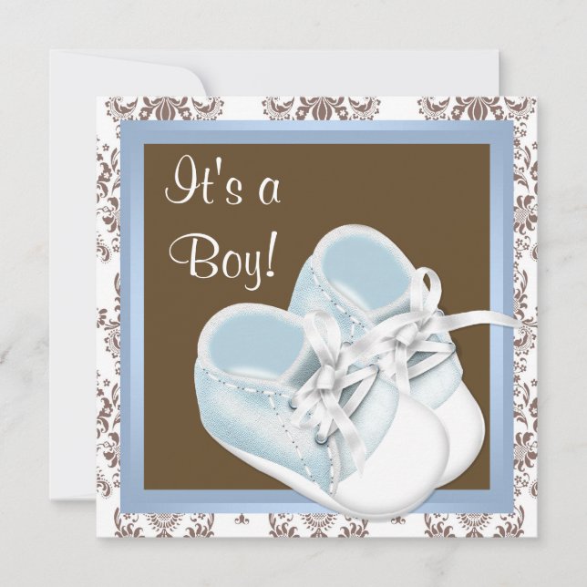 Braun Blue Damask Shoes Baby Boy Dusche Einladung (Vorderseite)