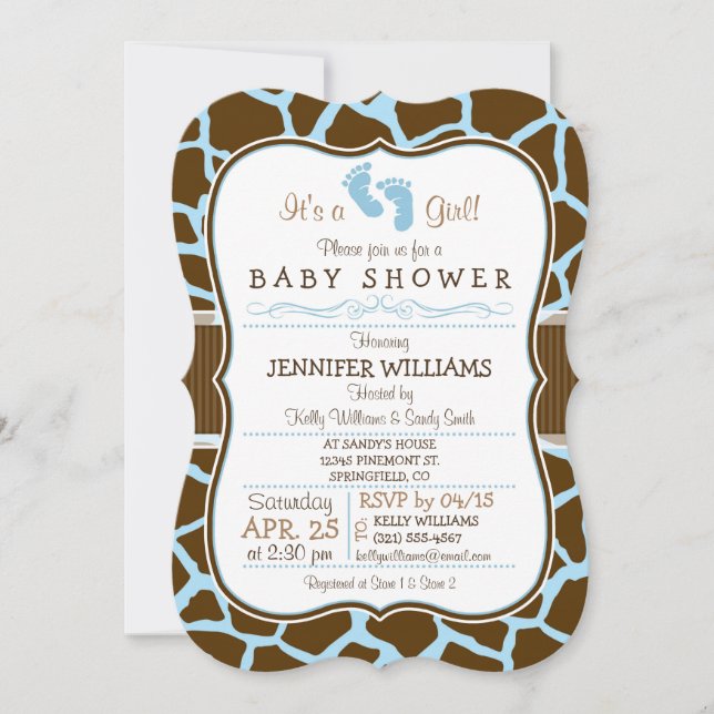 Braun, Blue Giraffe Animal Print Baby Dusche Einladung (Vorderseite)