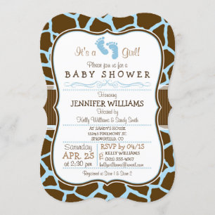 Braun, Blue Giraffe Animal Print Baby Dusche Einladung