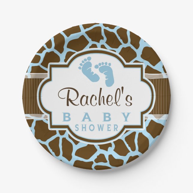 Braun, Blue Giraffe Animal Print Baby Dusche Pappteller (Vorderseite)