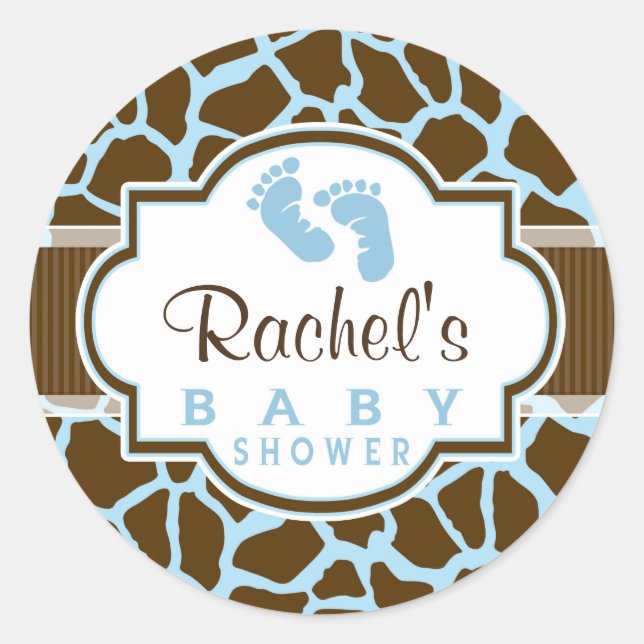 Braun, Blue Giraffe Animal Print Baby Dusche Runder Aufkleber (Vorderseite)