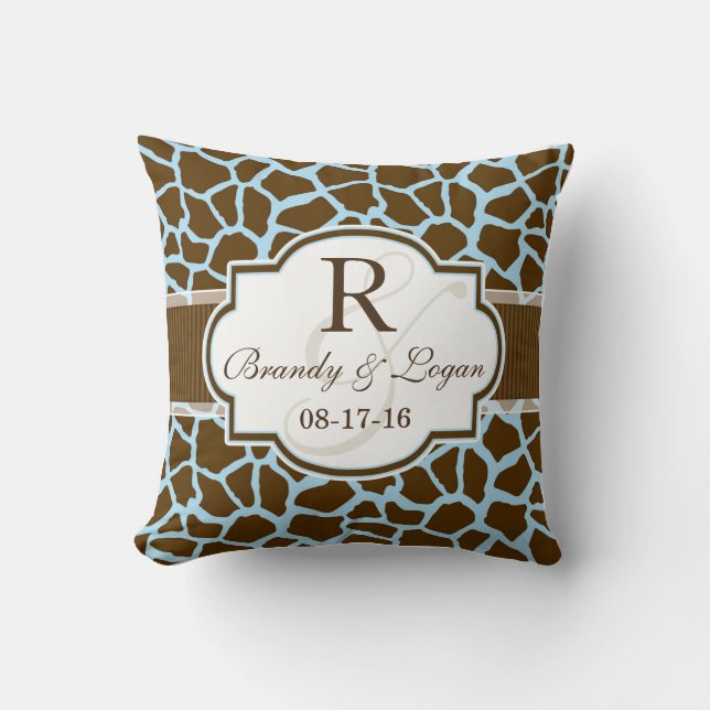 Braun, Blue Giraffe Animal Print Wedding Kissen (Vorderseite)