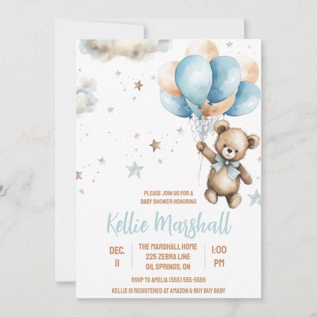 Braun & Blue Teddy Bear mit Balloons Baby Dusche Einladung (Vorderseite)