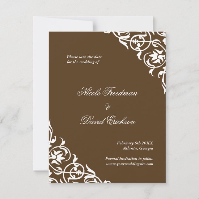 Braun blühte klassische Scrollhochzeit speichern S Save The Date (Vorderseite)