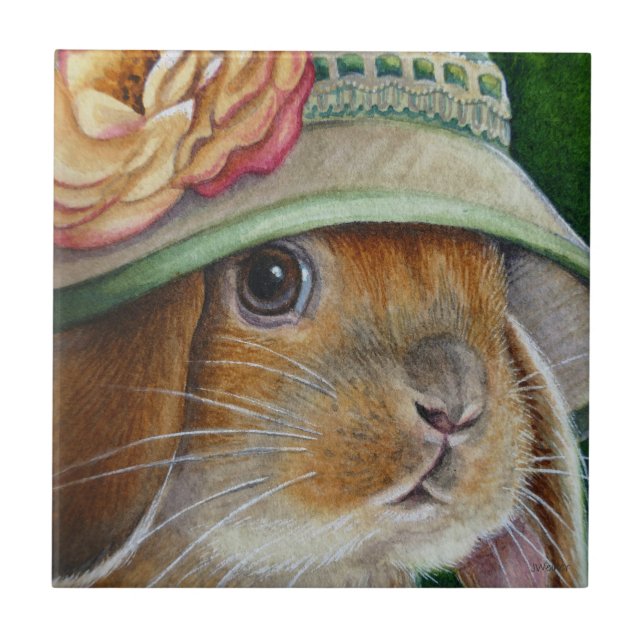 Braun Bunny Rabbit im Frühjahr Bonnet Wasserfarbe  Fliese (Vorderseite)