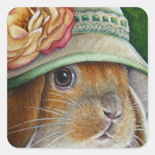 Braun Bunny Rabbit im Frühjahr Bonnet Wasserfarbe Quadratischer Aufkleber
